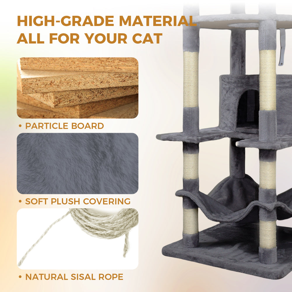 78.8 in Dark Gray Cat Tree Tower with Wide Base, Large Condo,  12 Sisal Scratching Post, Big Hammock,  Large Top Platform, Many landing Perch and Interactive toy