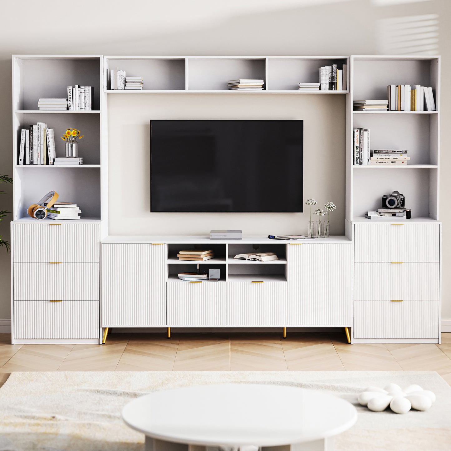 U-Can 4-Piece Entertainment Wall Unit with 13 shelves,8 Drawers and 2 Cabinets, Multifunctional TV Stand Media Storage Cabinet with Fluted Line Surface for Living Room, for TVs Up to 70'