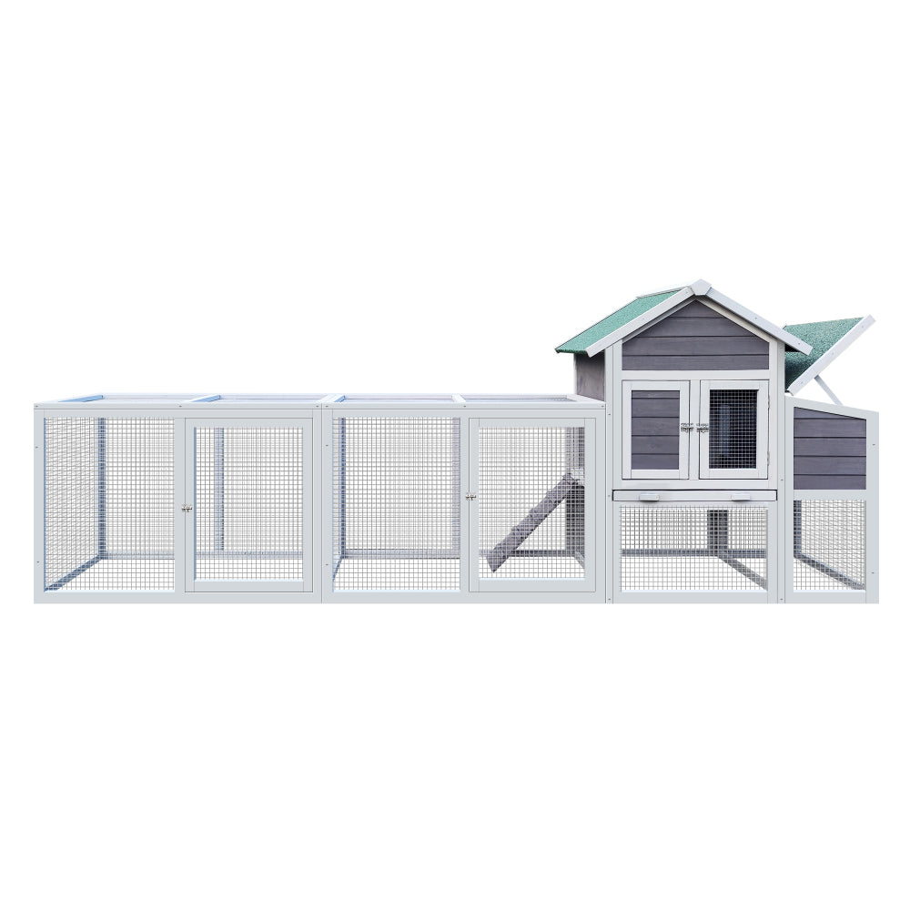 Gray Wooden Chicken Coop Outdoor Hen House with Run, Waterproof Roof & Nesting Box, Rabbit Duck Poultry Cage with Perch, Sliding Tray, and Secure Locks