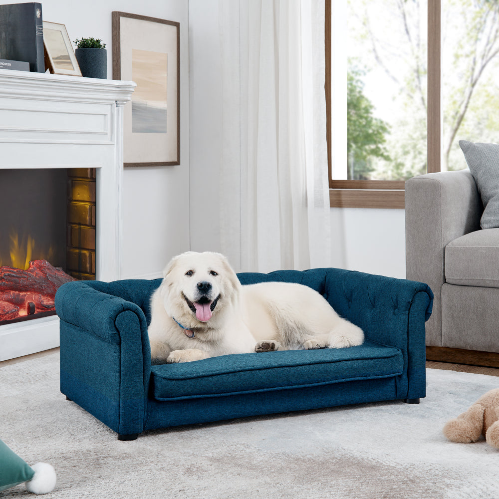 Elegant rectangular pet bed for small and medium-sized dogs, durable elevated dog sofa bed, comfortable dog sofa, modern and fashionable linen fabric dog sofa-Dark Brown