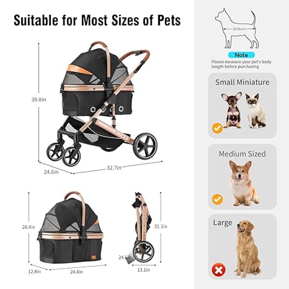 EchoSmile 4 in 1 Pet Stroller, Folding Lightweight Cat & Dog Stroller with Detachable Carrier, NO-Zip 180° Reversible Canopy, All Terrain 4-Wheel,45 lbs Capacity for Small to Medium Dogs