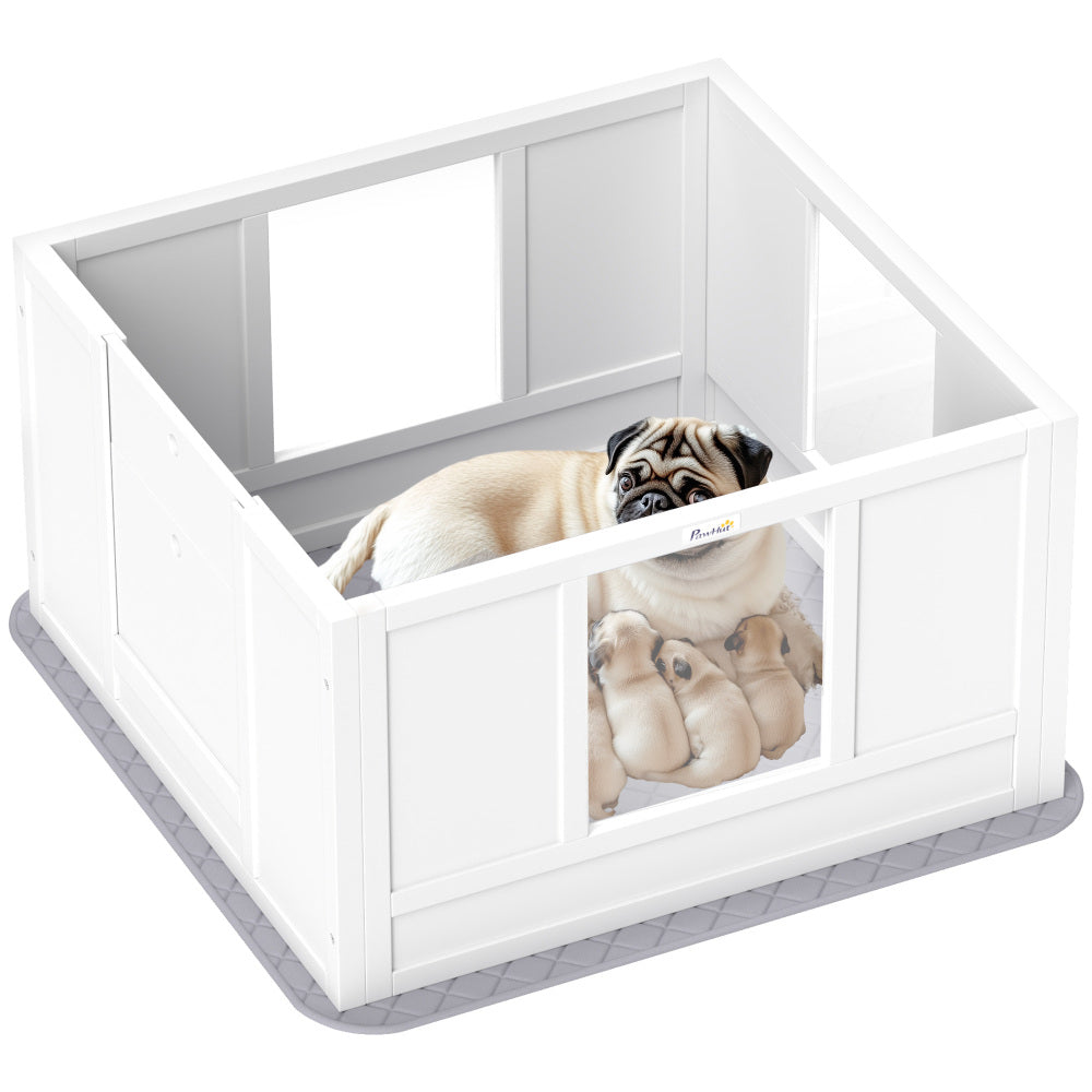 PawHut Whelping Box for Dogs with Waterproof Whelping Pad, Dog Whelping Pen with Clear Panels, Adjustable Entrance, Double Room, Non-slip Foot Pads, for Small Dogs, 33.1" L x 31.5" W x 18.9" H