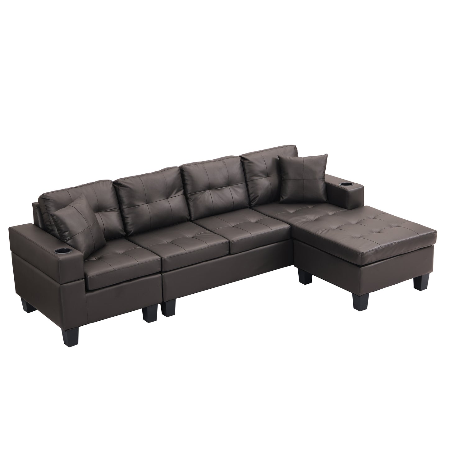 Modern Sectional Sofa Set with L Shape Chaise Lounge and Cup Holder in Chocolate Brown PU