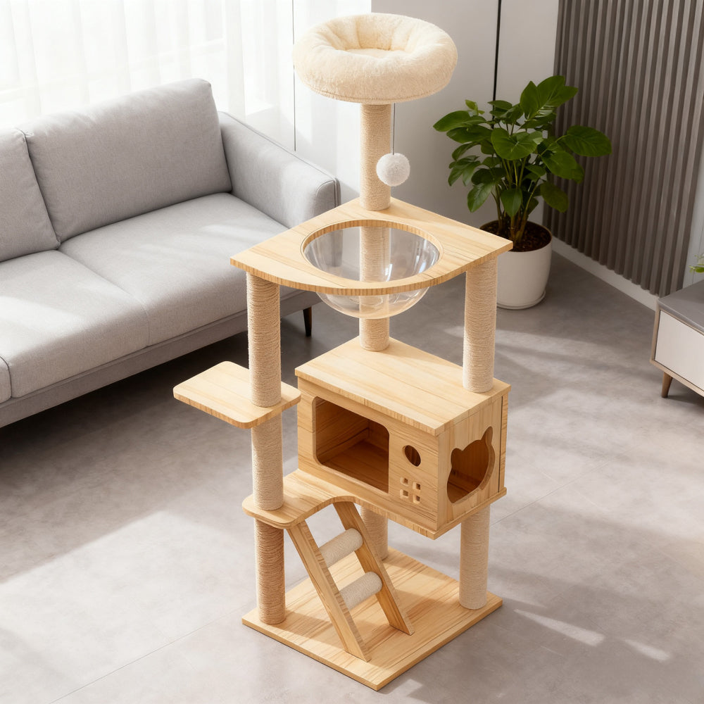48.8" Modern Cat Tower, Wood Cat Tree Tower for Indoor Cats, Cat Treewith Sisal-Covered Scratching Posts and Top Perch, Cat Condo with Acrylic Hammock for Small Large Cats