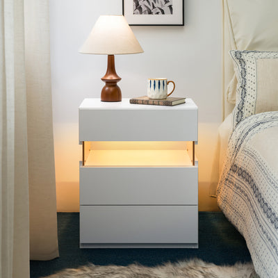 SunJet LED Nightstands 3 Drawer Dresser for Bedroom End Table with Acrylic Board LED Bedside Tables for Bedroom Living Room Bedside Furniture (White)