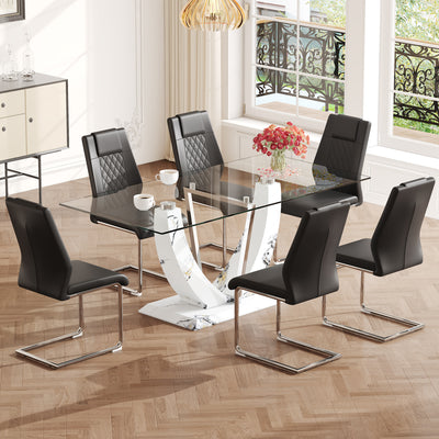 Table and chair set, large modern rectangular glass table, can accommodate 6-8 people, equipped with a 0.39-inch tempered glass tabletop and MDF table legs.Paired with comfortable and soft chairs.