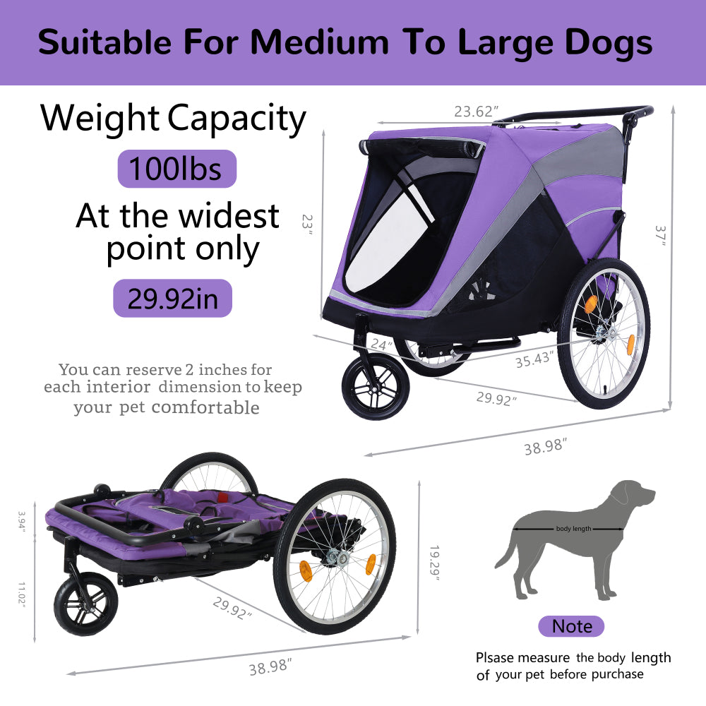2-in-1 Bike Trailer & Push Cart for Pets - Detachable Bike Hitch & Push Handle Included - Quick Release Wheel, Internal Leash, Dual Cup Pockets and Underneath Storage Bag,  Holds Pets Up to 100 lbs