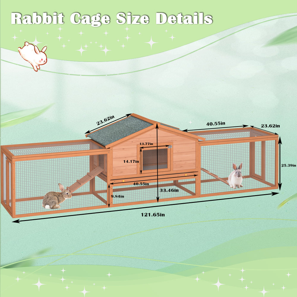 2-Story Large Wooden Rabbit Hutch Pet House with Ramps, Lockable Doors, Run Area and Asphalt Roof for Outdoor Use,Easy to Assemble and Durable with  Cleaning Tray and Waterproof Roof
