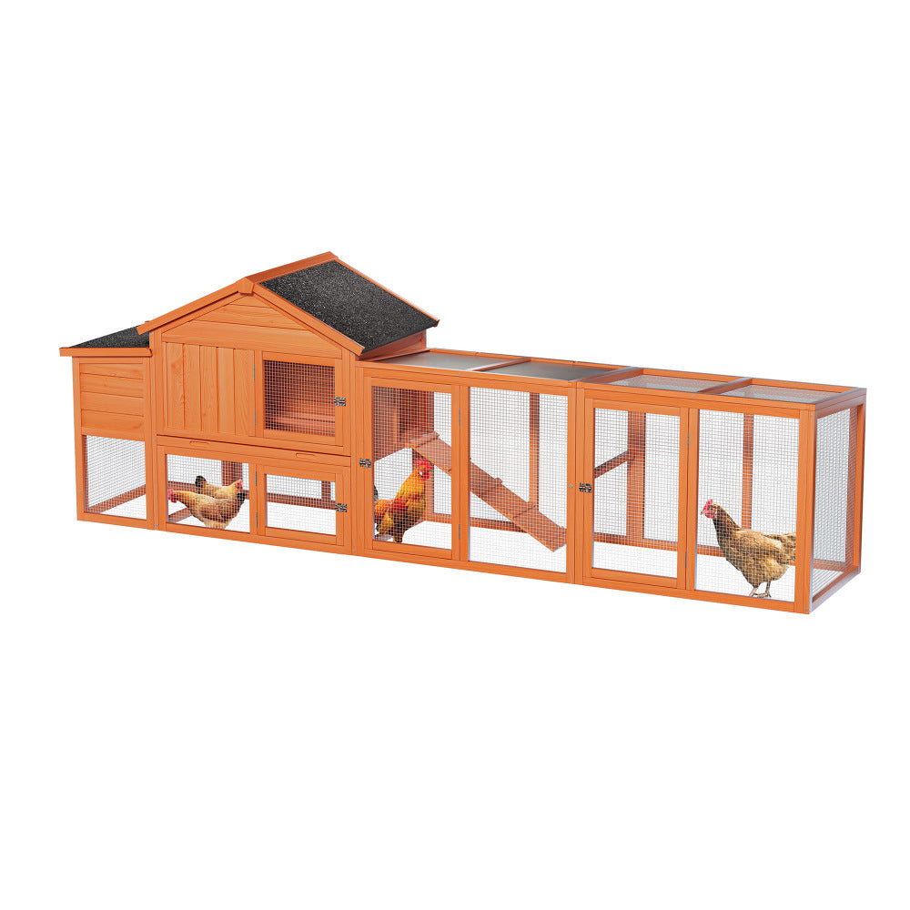 113.5" Gray Large Wooden Chicken Coop Outdoor Hen House with Run, Waterproof Anti-UV Panel & Nesting Box, Secure Lock, Removable Tray  for 2–4 Chickens or Small Animals