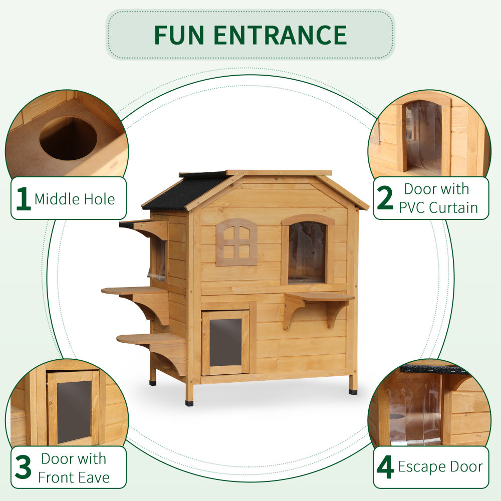 PawHut 2-story Cat House Outdoor, Weatherproof Wooden Cat Enclosure for Feral Cats with Escape Door, Openable Roof, Jumping Platforms, Natural