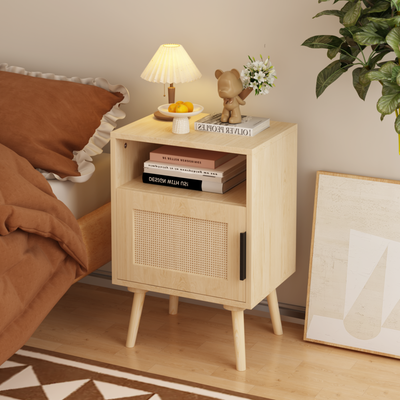 SunJet  22.83'' H Rattan Nightstand, Side Table with Door Open Shelf,  Accent Bedside End Table with Solid Wood Legs for Bedroom, Dorm and Small Spaces, Oak