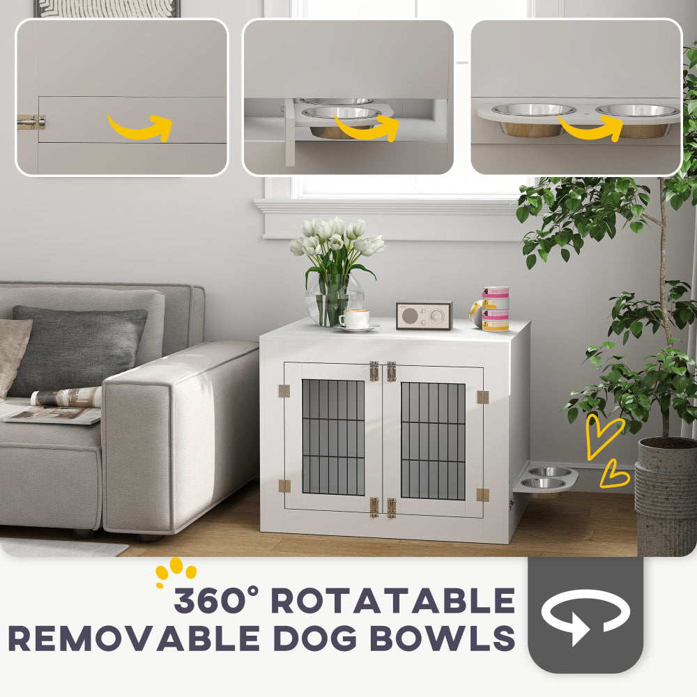 Dog Crate Furniture with 360° Rotatable Removable Dog Bowls, White