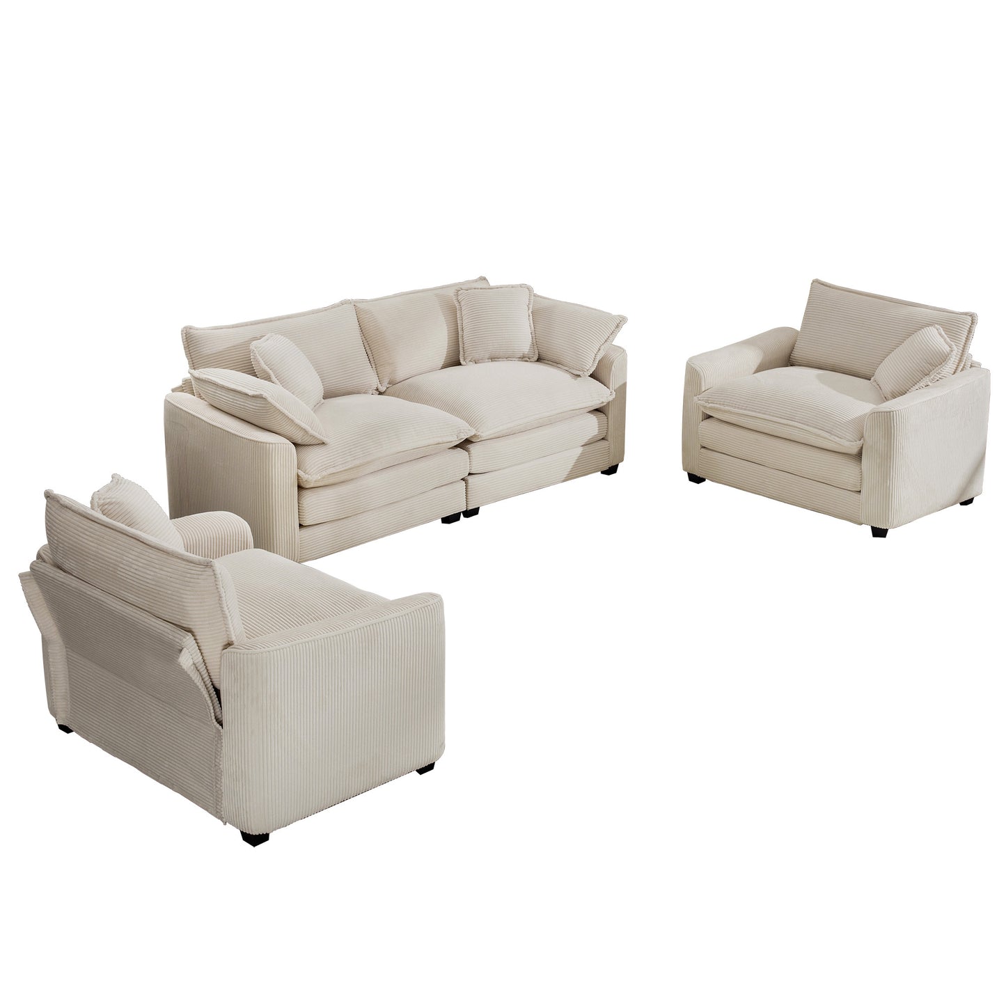 Warm and Cozy Home Theater Style Sofa Set with Soft Cushions in Light Beige Corduroy Fabric
