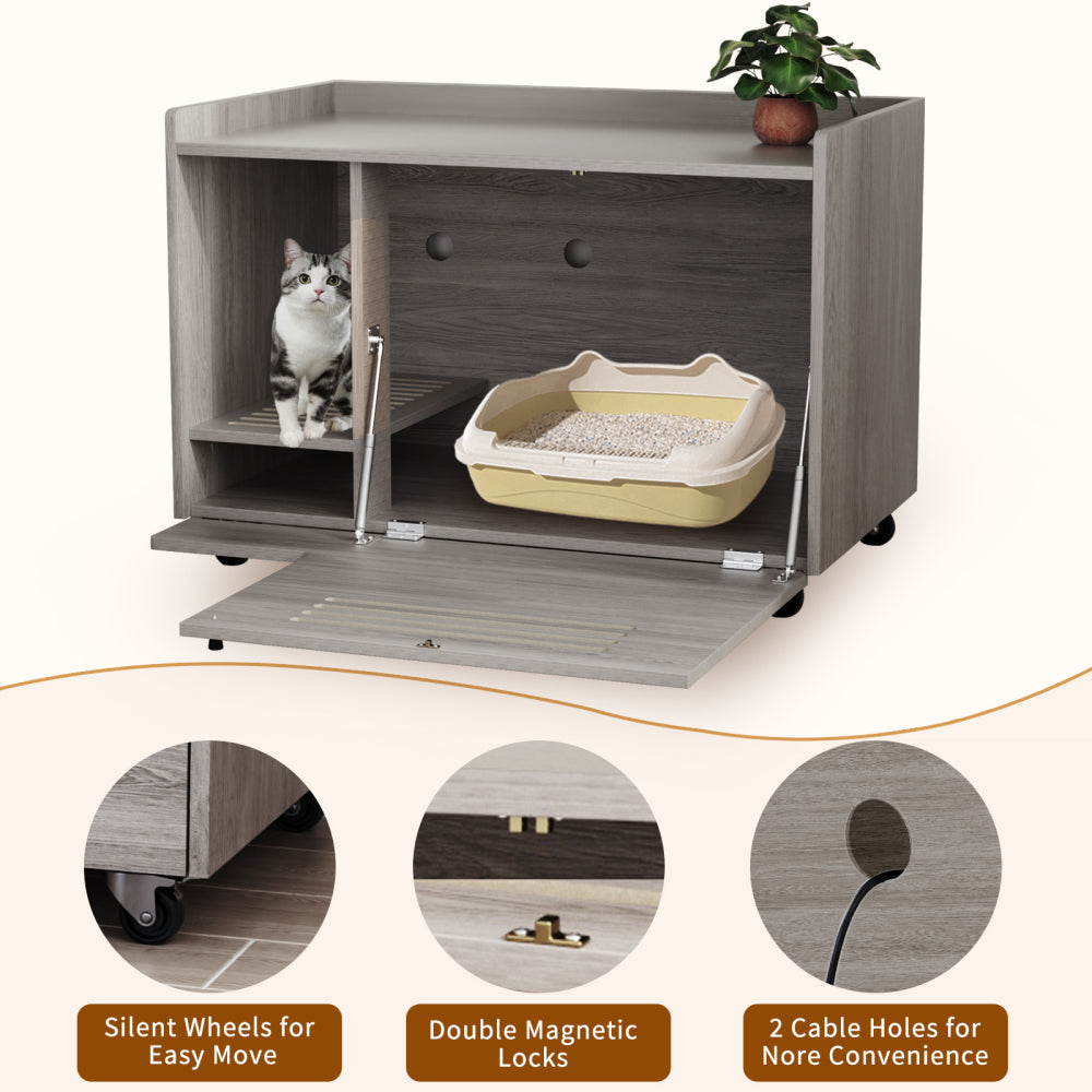Gray Cat Litter Box Enclosure,Hidden Litter Box Furniture with top side fence,Wooden Pet House Side End Table, Storage Cabinet Bench for Living Room,,Bedroom, Fit Most of Litter Box