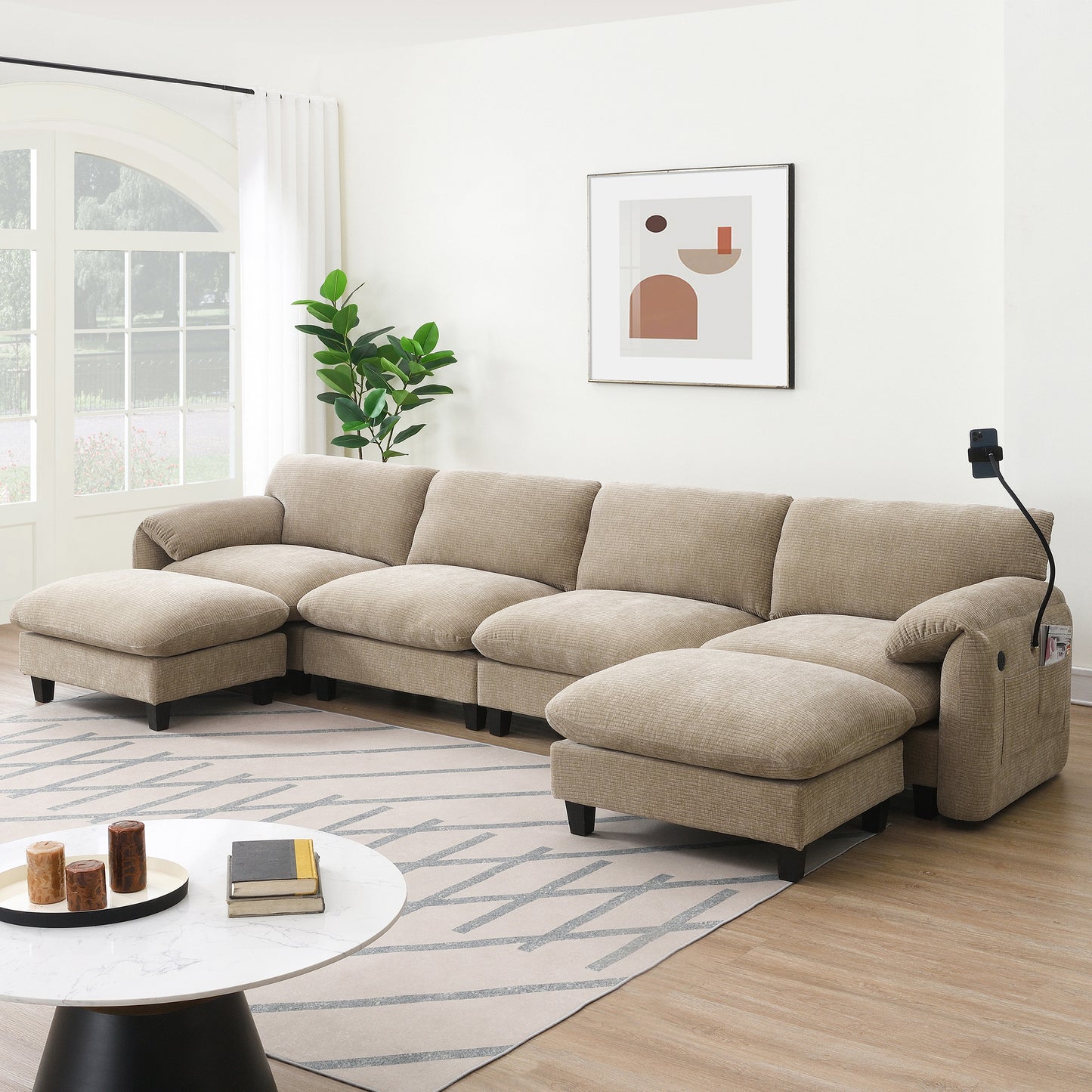 [VIDEO Provided] 140' Modular Sectional Sofa, U-Shape with 31.5' Extra-Wide Seat Cushion, USB and Type-C Charger, Phone Holder and 2 Side Storage Pockets, Free Movement Ottoman, Striped Chenille
