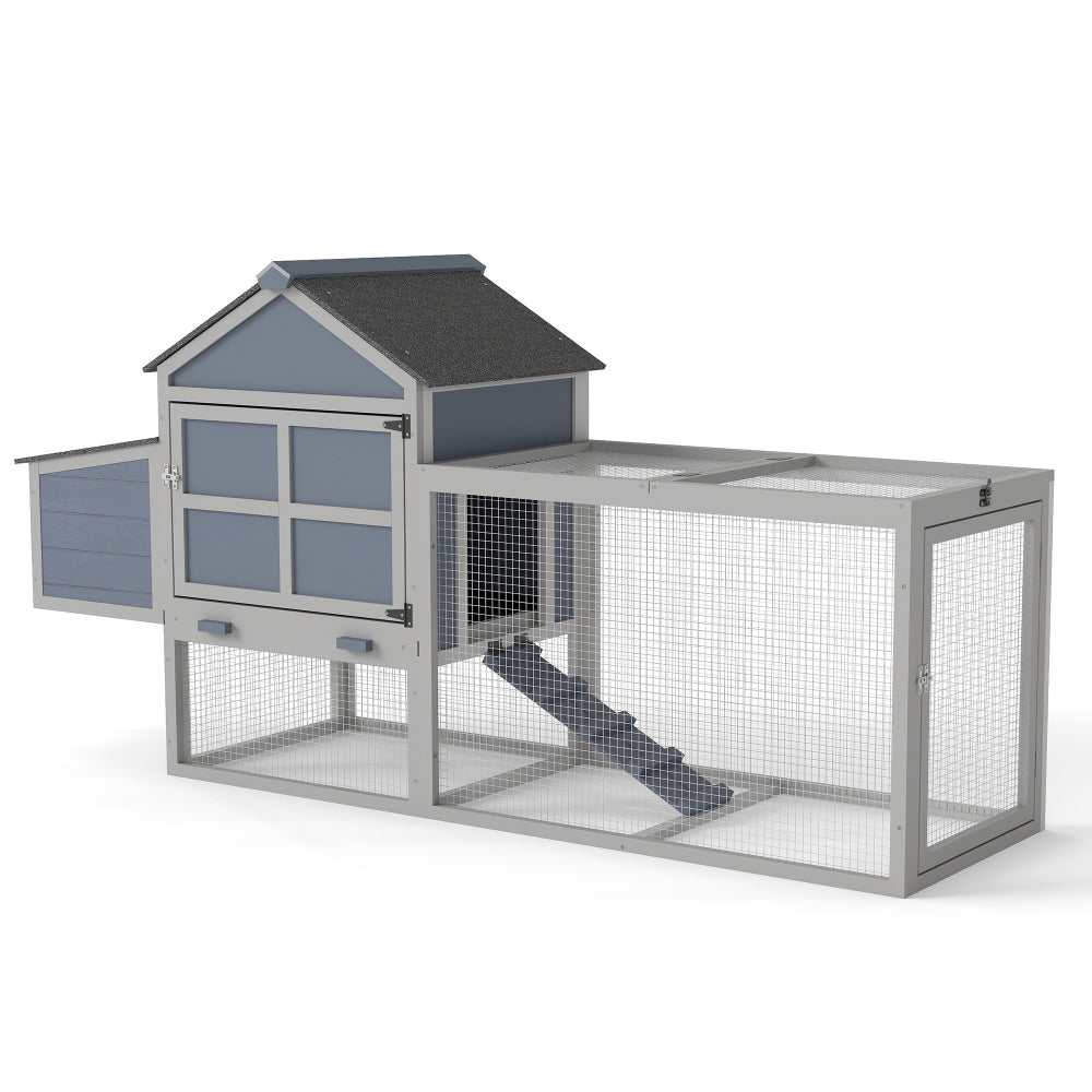 Outdoor Chicken Coop, Wooden Hen House with Nesting Box, Run, Resting Room, Ramp, Pull-Out Tray, Gray