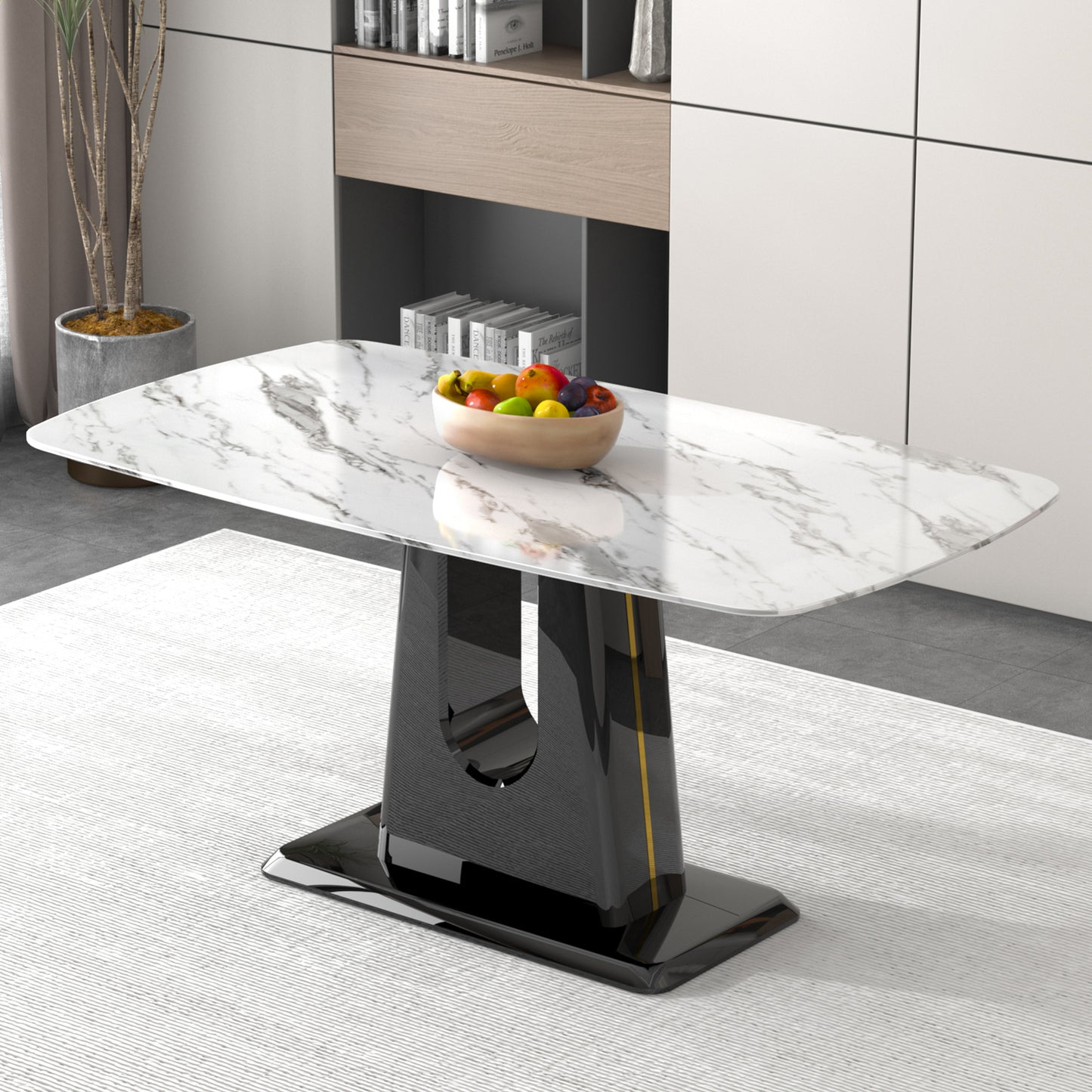 A modern, minimalist, and luxurious dining table with a white imitation marble tabletop and MDF legs with U-shaped brackets. Tables in restaurants and living rooms 63'*35.4'*30  F-U