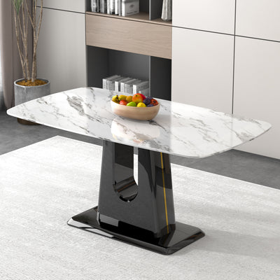 A modern, minimalist, and luxurious dining table with a white imitation marble tabletop and MDF legs with U-shaped brackets. Tables in restaurants and living rooms 63'*35.4'*30  F-U