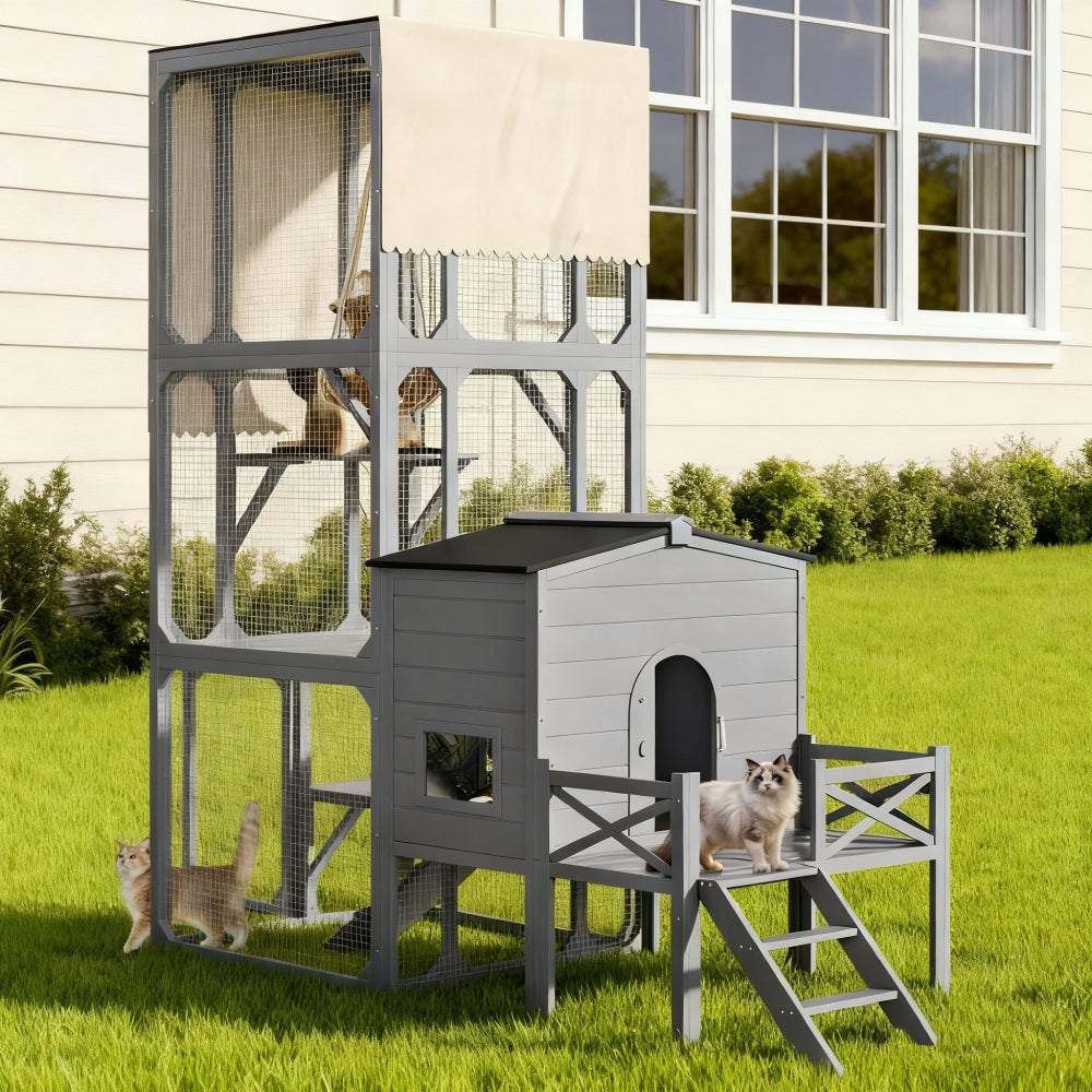 Catio Outdoor Cat Enclosure Window Access, 4 Tiers Cat House with Wheels, Resting Box & Waterproof Roof, Indoor Large Cat House Cage, Gray