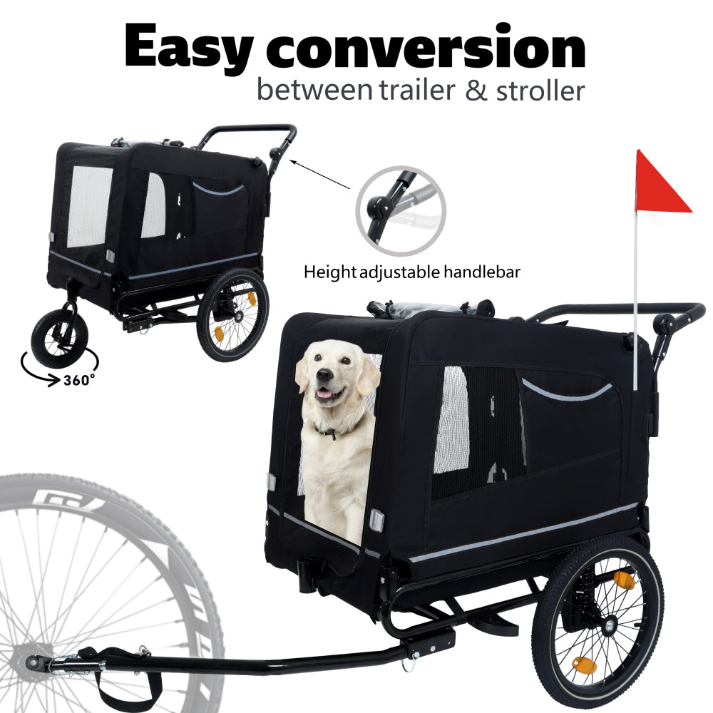 Extra Large 2-in-1 Bike Trailer & Push Cart for Pets - Detachable Bike Hitch & Push Handle Included - All-Terrain Wheels, Quick Release Wheel, Non-Slip Floor, Internal Leash, Holds Up to 88 lbs, Black