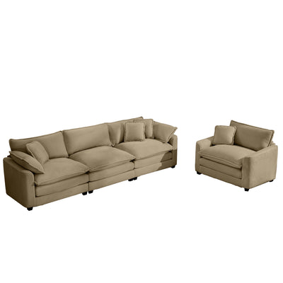 Mid-Century Modern Sectional Set - 3-Seater and Single-Seater in Tan Corduroy Fabric with Pillows