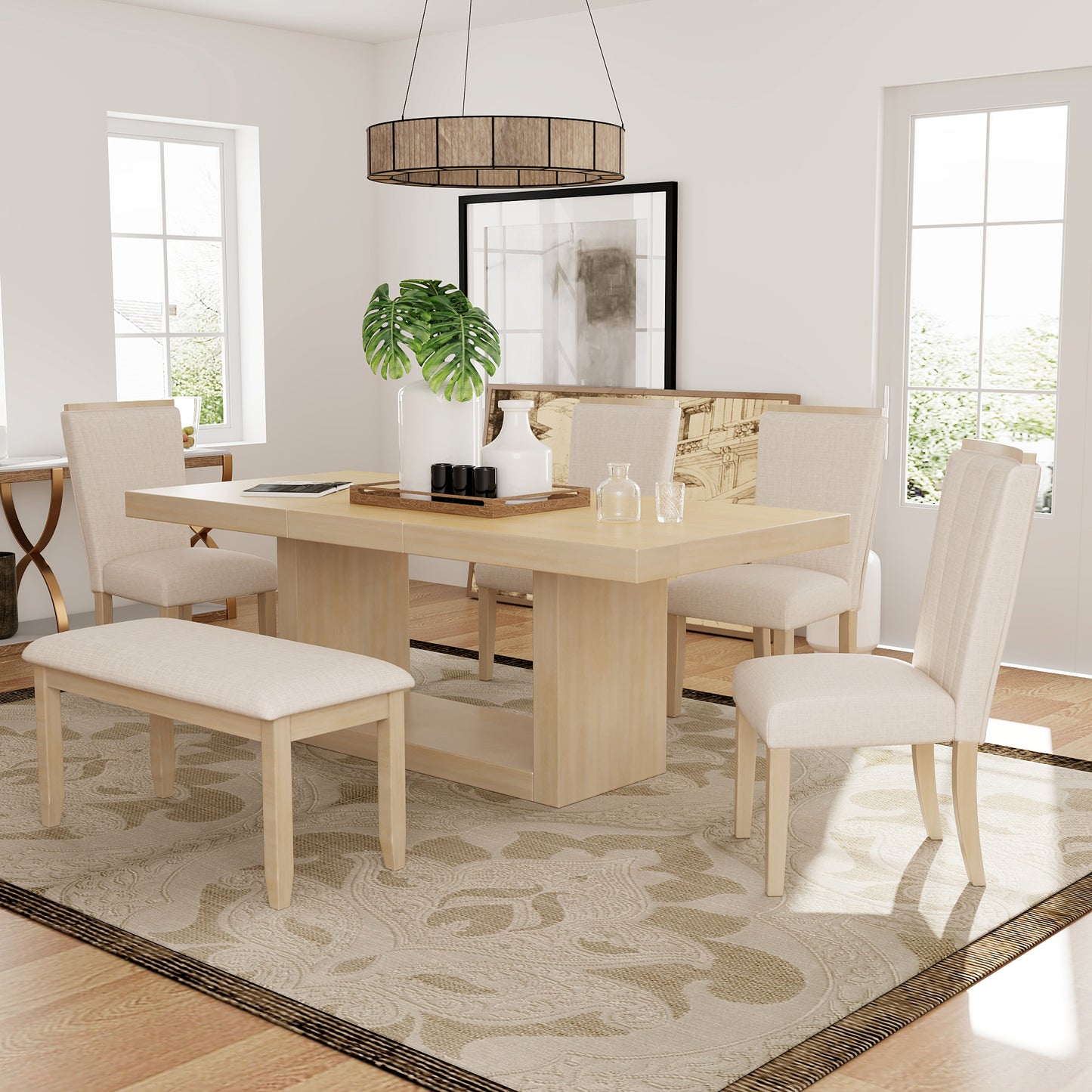 TOPMAX Contemporary 6-Piece 78inch Extendable Pedestal Dining Table Set with 18inch Removable Leaf and Dining Bench, 4 Upholstered Dining Chairs, Natural