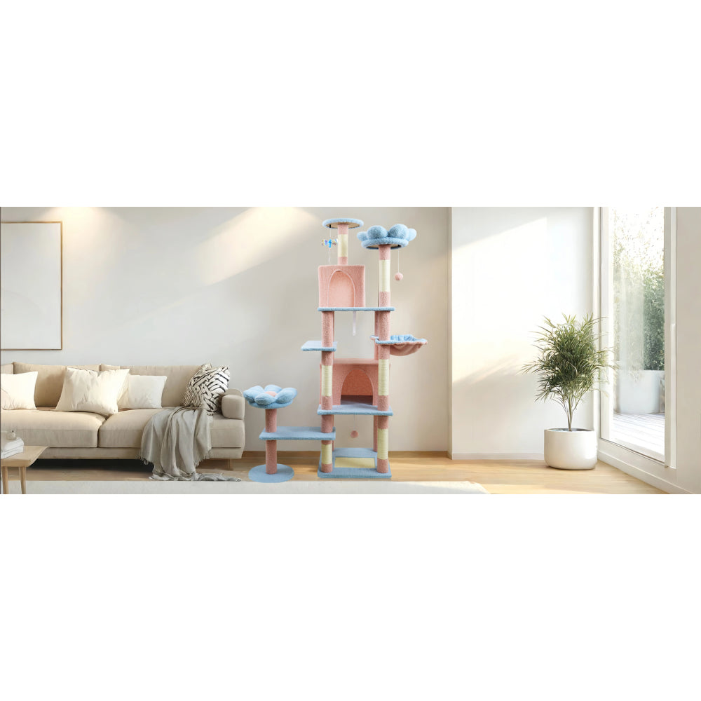71 inch flower cat tree with large condo removable flower cushion and hammock blue