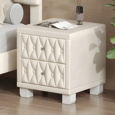SunJet  Elegant Velvet Nightstand with 2 Drawers and Crystal Handle, Storage Bedside Table with Button-Tufted, Beige