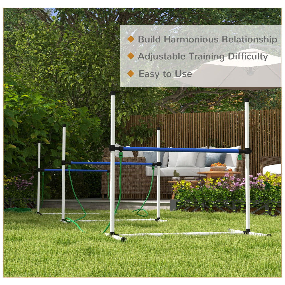 PawHut 3 Piece Dog Agility Training Equipment Set, Dog Agility Set with Adjustable Height Hurdles, Spray Water Tube, Whistle, Carry Bag, White