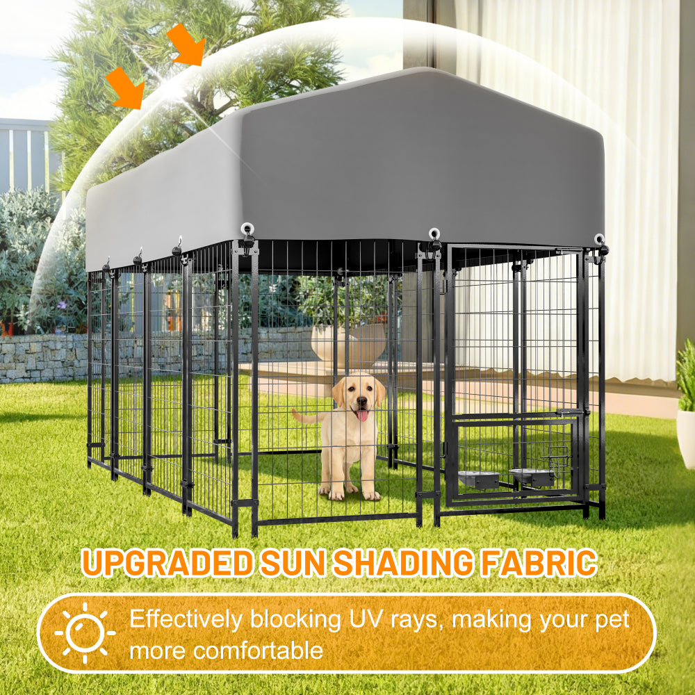 Dog Kennel Outdoor with Roof, 4.23'x7.81'x4.83' Welded Wire Enclosure, Heavy Duty Dog Crate with UV-Resistant Waterproof Cover, Double Lock & Rotating Feeder for Medium/Large Dogs