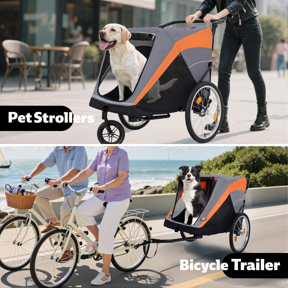 2-in-1 Bike Trailer & Push Cart for Pets - Detachable Bike Hitch & Push Handle Included - Quick Release Wheel, Internal Leash, Dual Cup Pockets and Underneath Storage Bag,  Holds Pets Up to 100 lbs