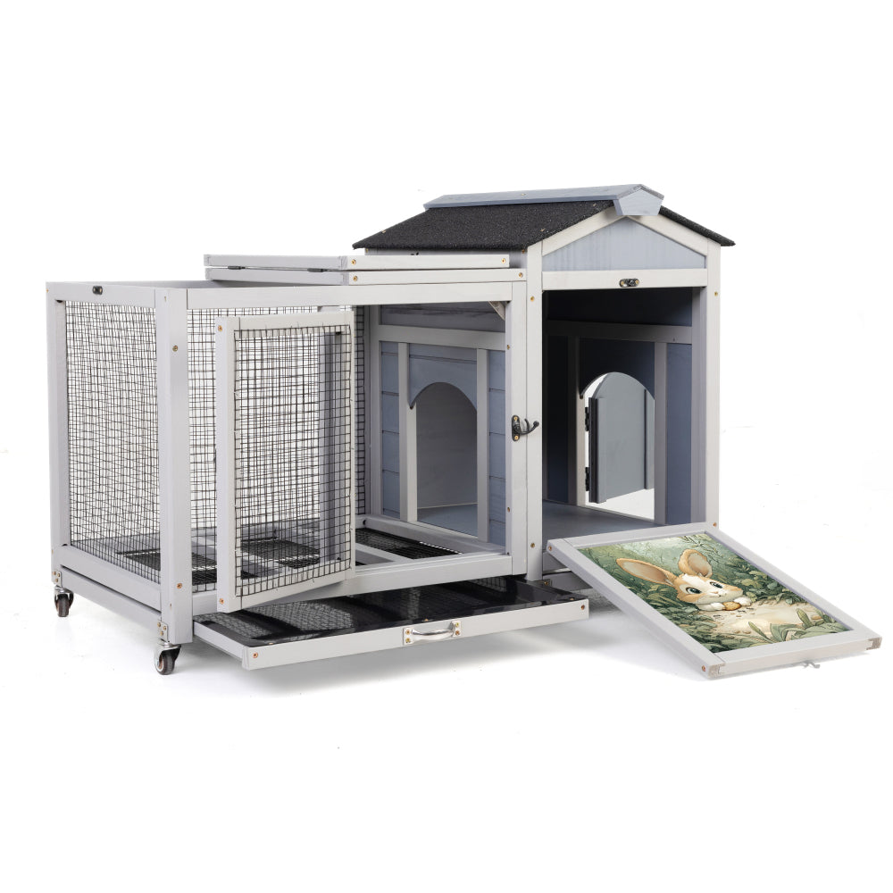 Wooden Rabbit Hutch, Indoor & Outdoor Small Animal House with Casters, Weatherproof Roof, Removable Tray, Bunny Cage Pet House for Rabbits, Ducks, Squirrels, and Guinea Pigs, Grey with Colorful Patter