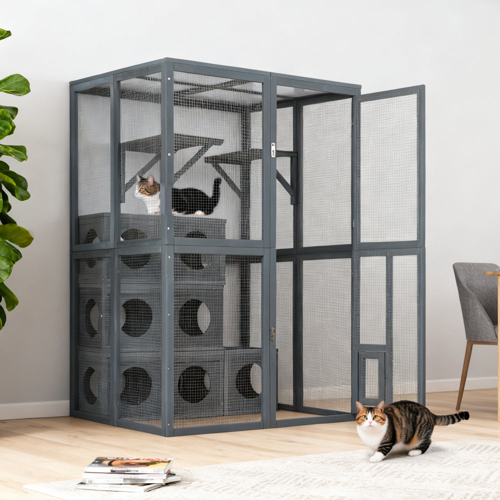 Catio Outdoor Cat Enclosure with Double Enter Doors, Grey Climbing shelves, Weatherproof  Pine Wood Playground with 7 Freely Combination Wood Boxes