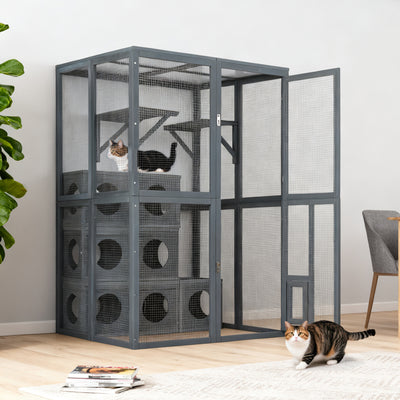 Catio Outdoor Cat Enclosure with Double Enter Doors, Grey Climbing shelves, Weatherproof  Pine Wood Playground with 7 Freely Combination Wood Boxes