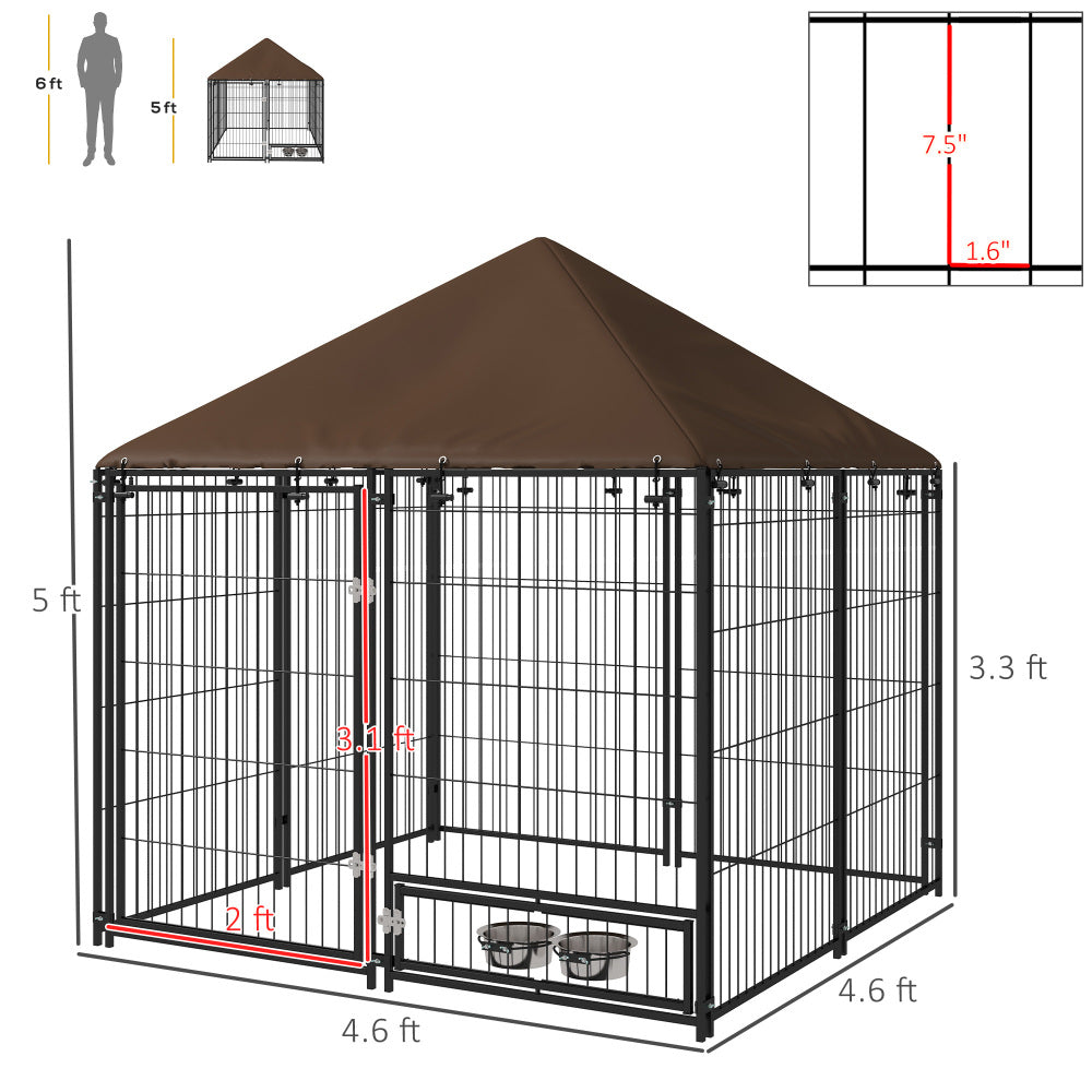 PawHut Outside Dog Kennel, 4.6' x 4.6' x 5' Puppy Play Pen with Canopy, Garden Playpen Fence Crate Enclosure Cage Rotating Bowl, Black