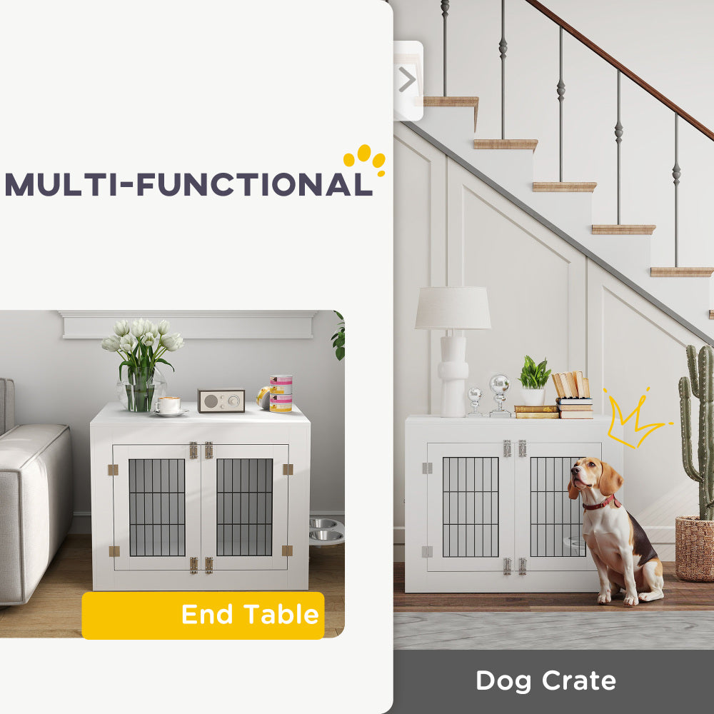 Dog Crate Furniture with 360° Rotatable Removable Dog Bowls, White