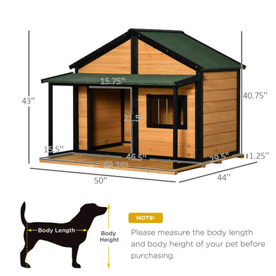 Dog Kennel House Outdoor Dog House Wooden Raised Pet Kennel with Asphalt Roof, Front Door, Side Window, Porch