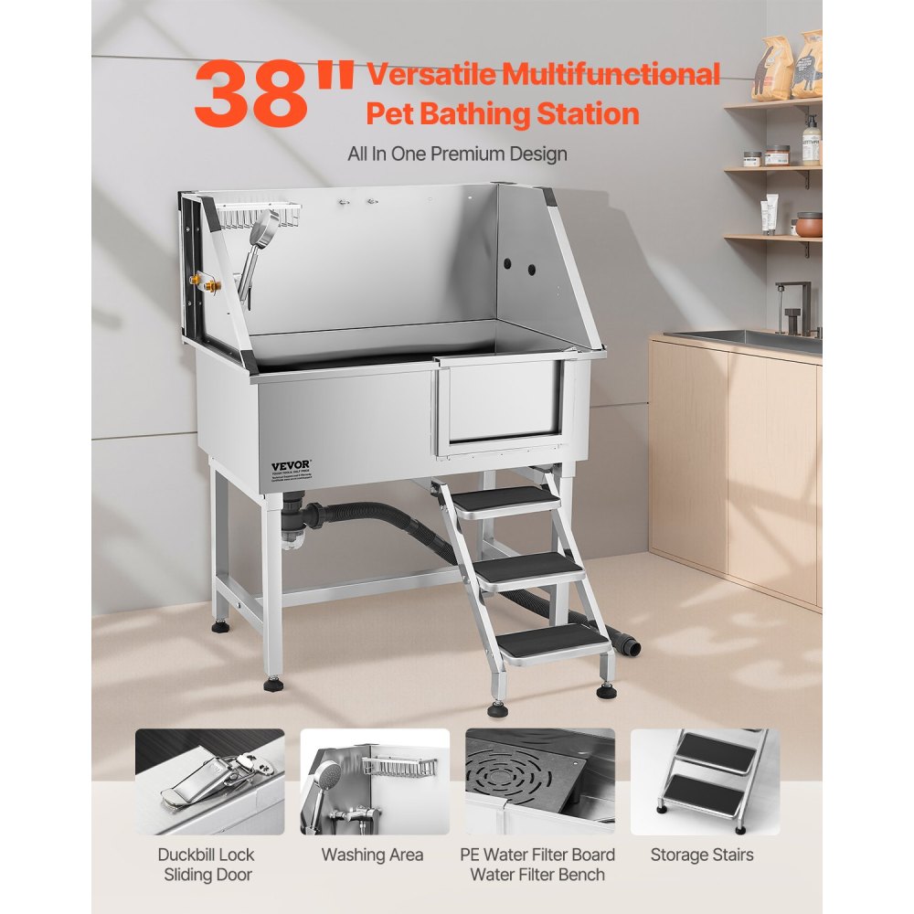 38" Dog Grooming Bath Tub Stainless Steel w/ Stairs Faucet Showerhead