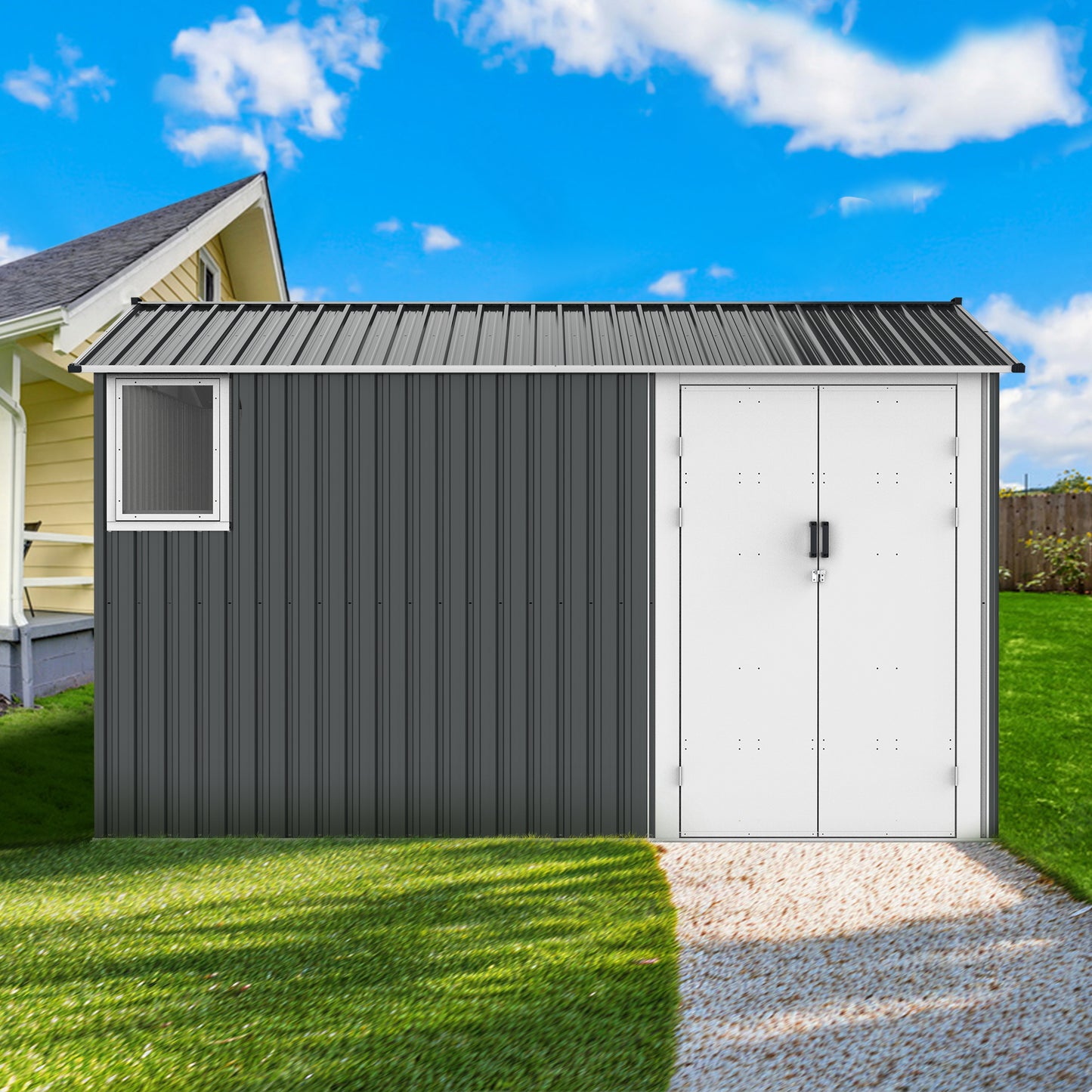 8x12 Ft Metal Outdoor Storage Shed with Window, Floor Base, Air Vents and Double Hinged Door