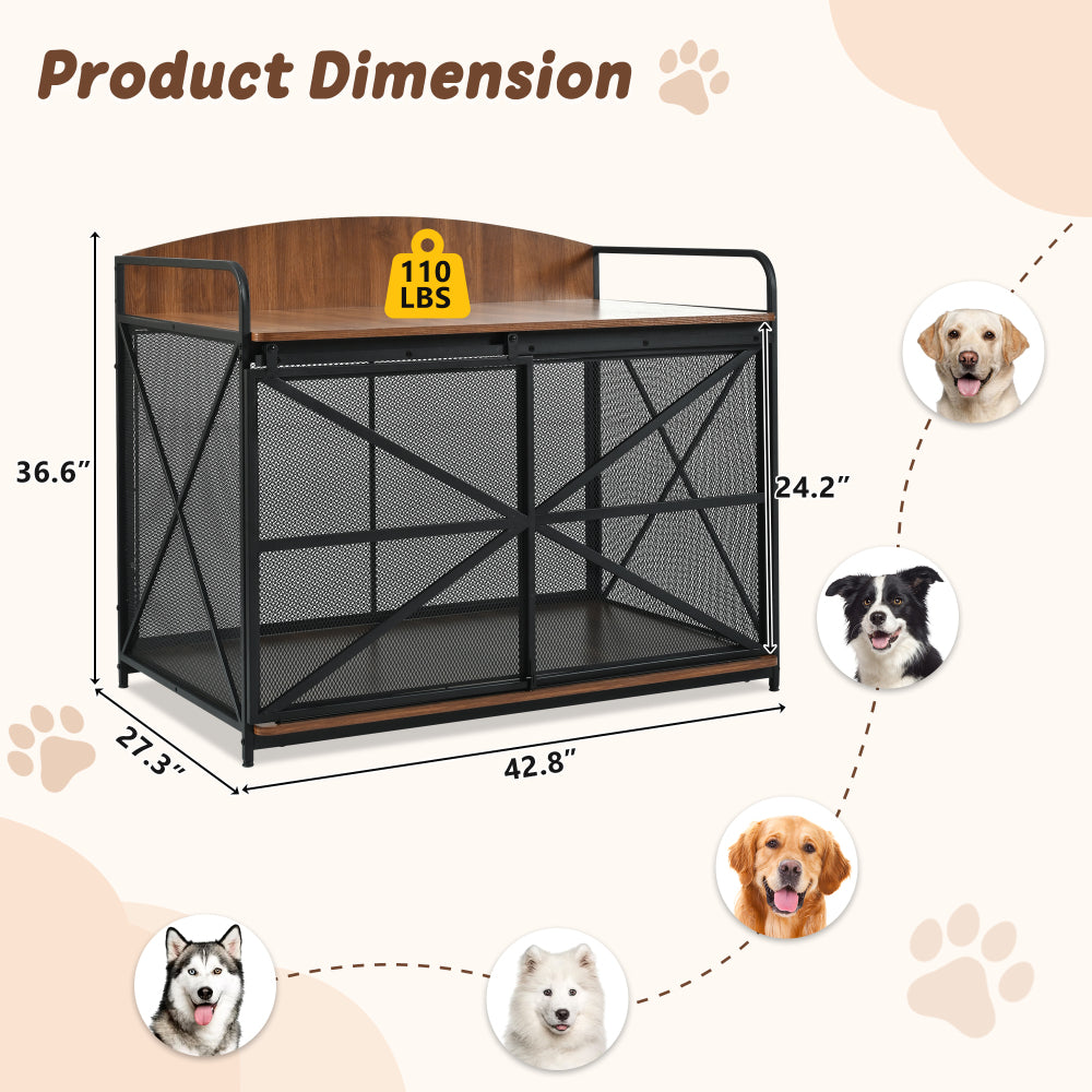 GO 42.8" Heavy Duty Large Dog Crate Furniture for Large Medium Dog, Farmhouse Wooden Dog Kennel Indoor End Table, Decorative Pet House for Large Dogs, Brown