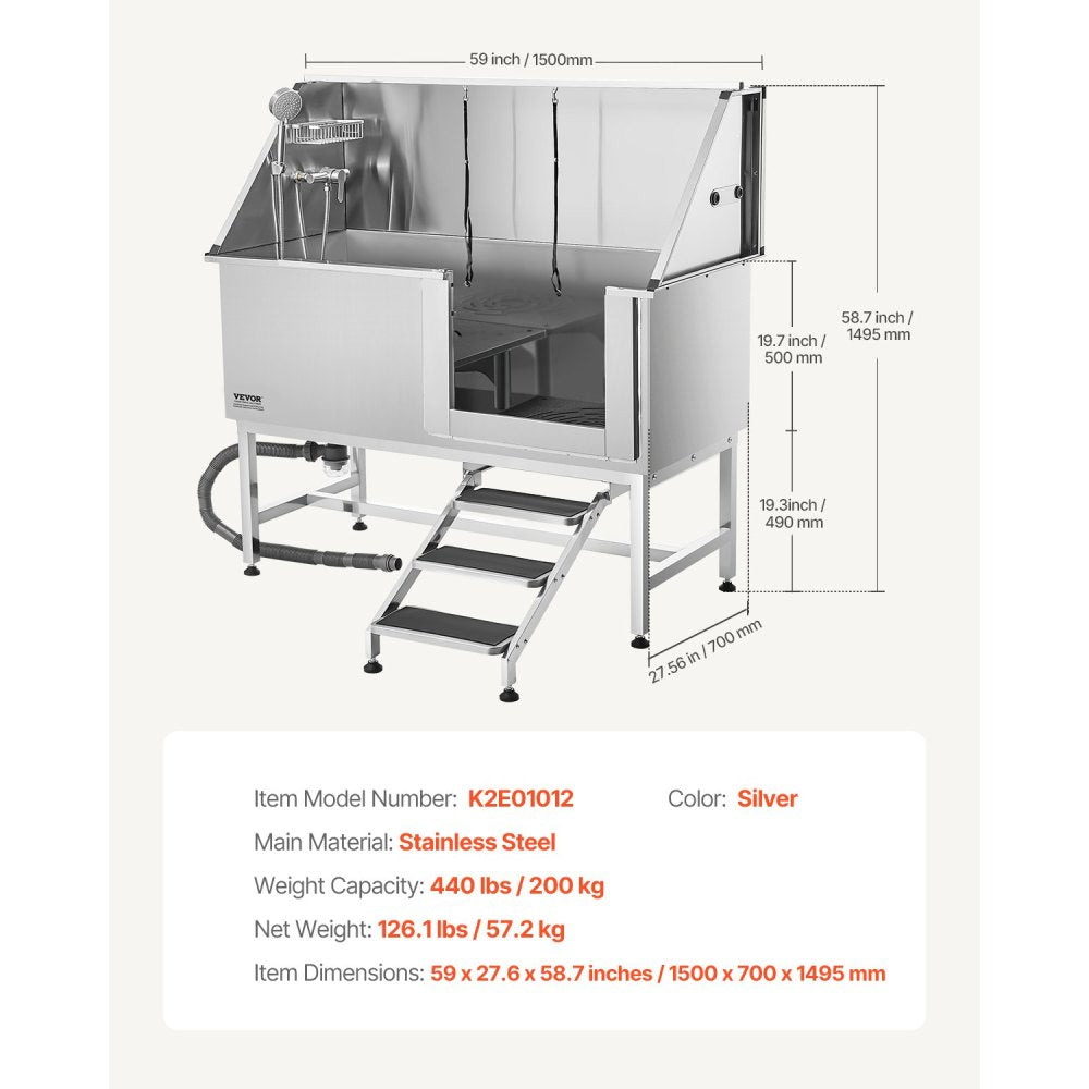 62 Inch Dog Grooming Bath Tub Stainless Steel w Stairs Water Filter