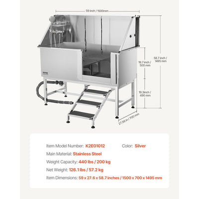 62 Inch Dog Grooming Bath Tub Stainless Steel w Stairs Water Filter