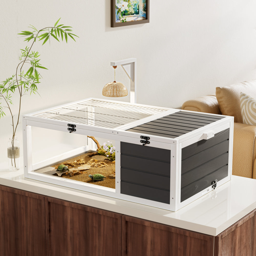 Reptile Habitat Tortoise House with Lamp Holder, 3 Acrylic Observation Windows, 2 Waterproof Trays, Lockable Top, Easy to Clean Wooden Enclosure for Turtles, Lizards, Snakes, and Small Pets