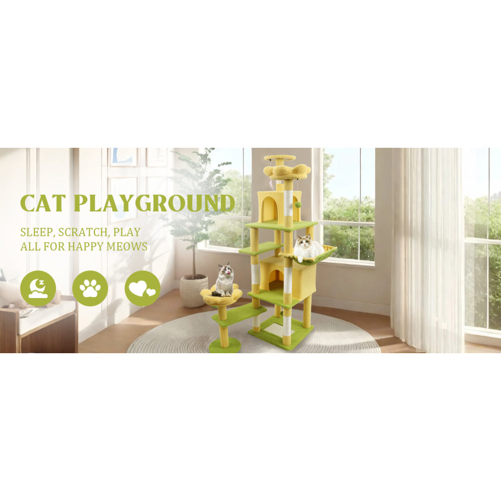 71 inch flower cat tree with large condo removable flower cushion and hammock yellow