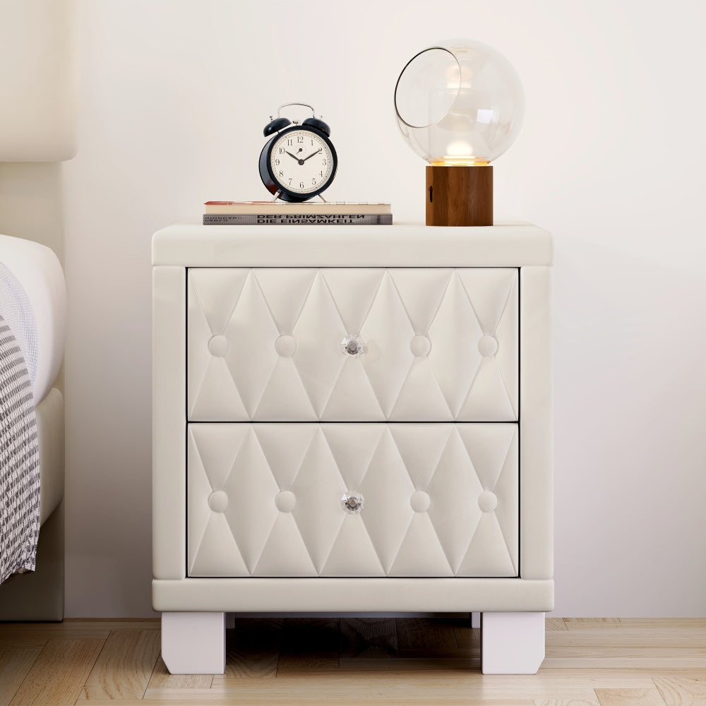 SunJet  Elegant Velvet Nightstand with 2 Drawers and Crystal Handle, Storage Bedside Table with Button-Tufted, Beige