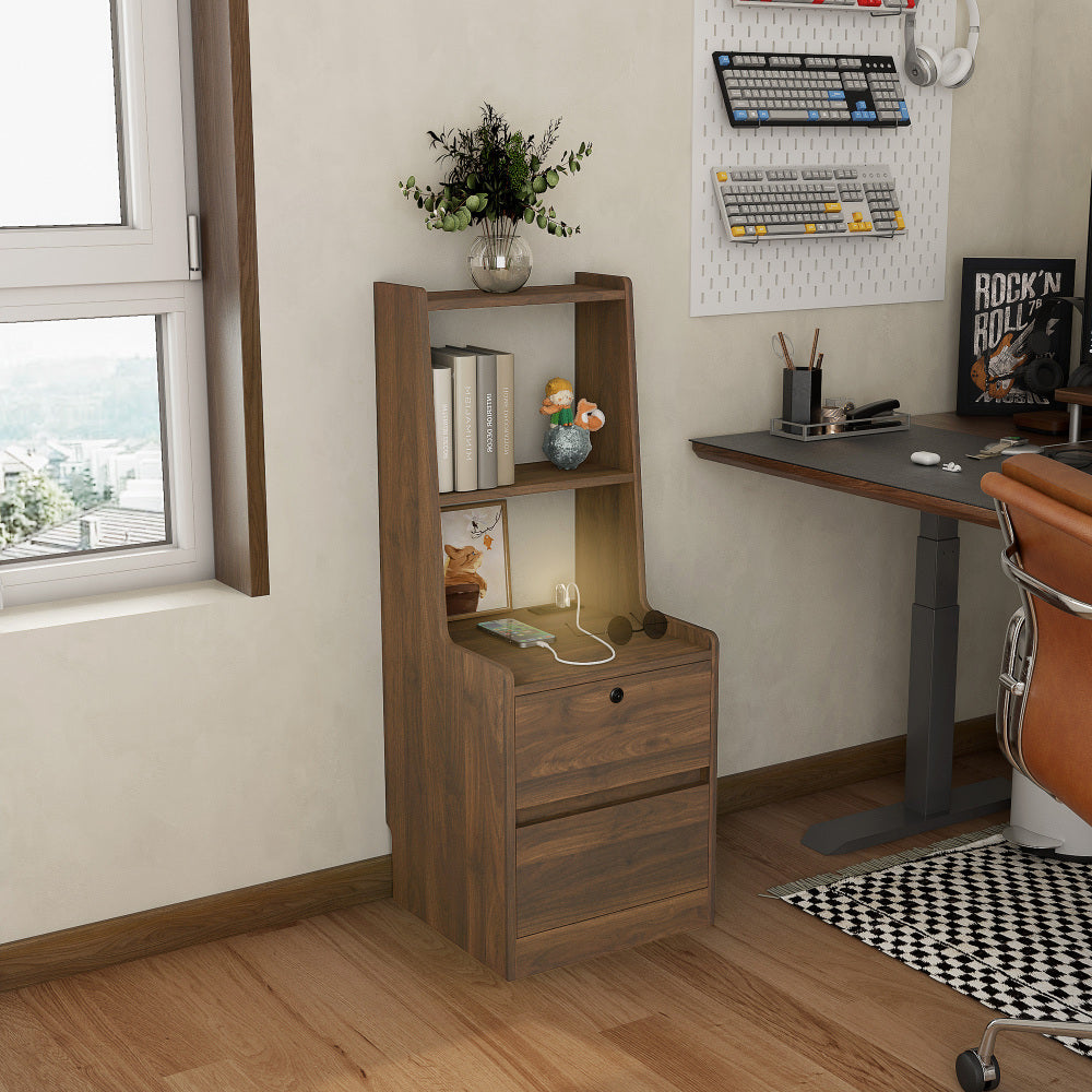 SunJet Nightstand with Charging Station, Smart Nightstand with Night Light, Modern Night Stand with Bookshelf, Bedside Tables with Storage Cabinet for Bedroom, Wood