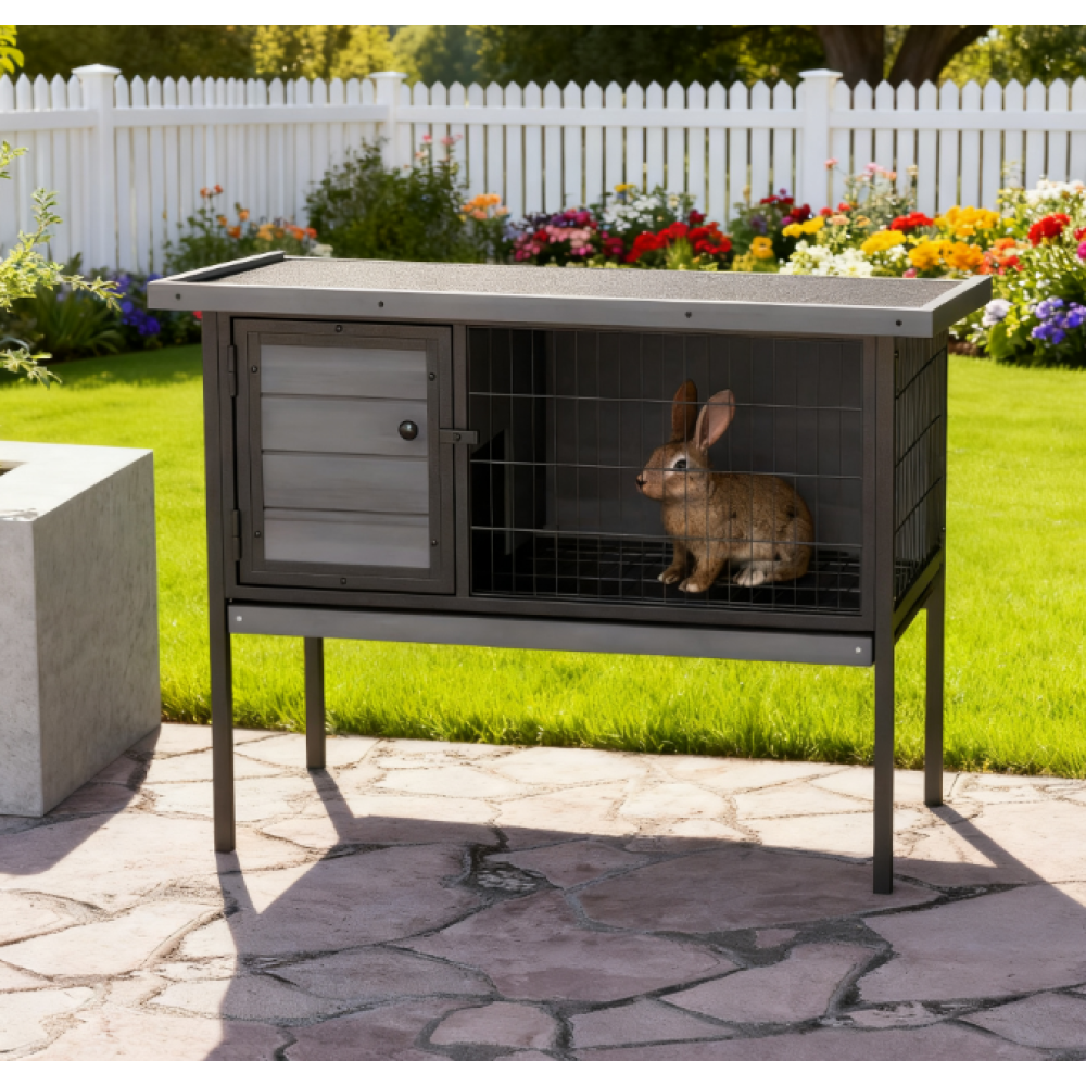 Wooden Rabbit Hutch Elevated with No Leak Tray,  Gray