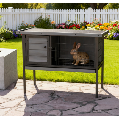 Wooden Rabbit Hutch Elevated with No Leak Tray,  Gray