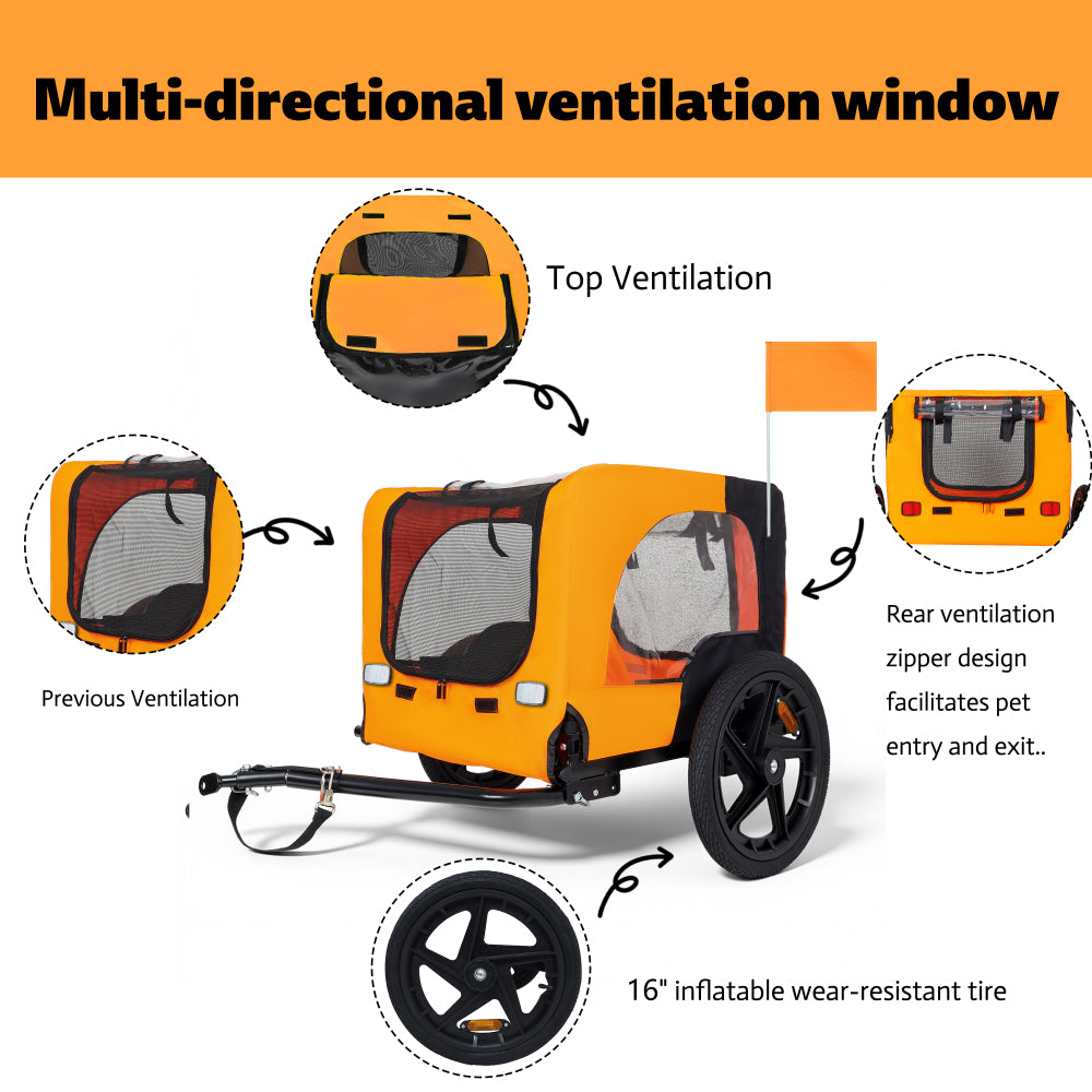 Outdoor Heavy Duty Collapsible Pet Bike Trailer with 16-Inch All-Terrain Wheels & Universal Hitch – Foldable Dog/Cargo Carrier Cart for Bicycles, black+orange