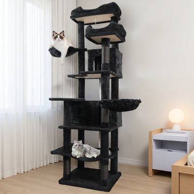 68in Tall Multi-Level Green Cat Tree with Hammocks, Hanging Basket, Cat Cave, Removeable Cushion, Scratching Posts - Plush Cat Tower for Indoor Cats, Perfect for Multiple Cats  Black